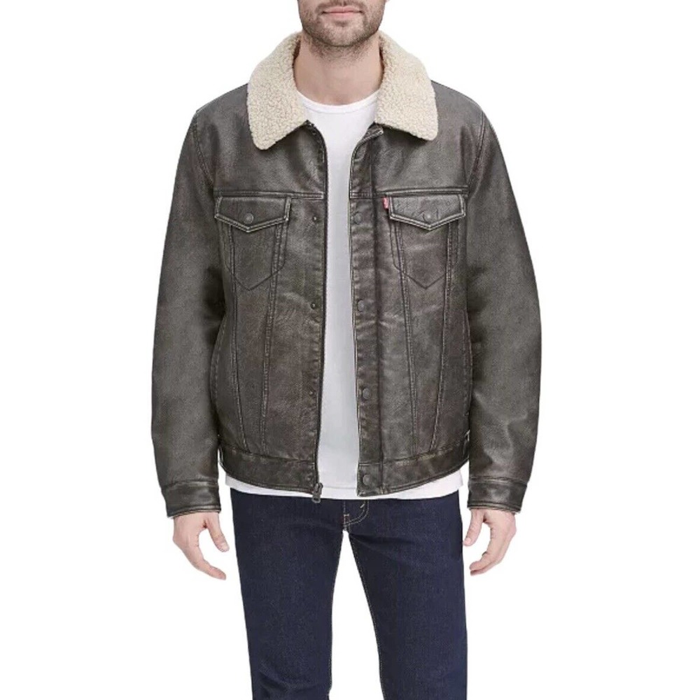 Men's Levi's Sherpa-Lined Faux-Leather Aviator Trucker Jacket Size S NWT - Picture 1 of 15